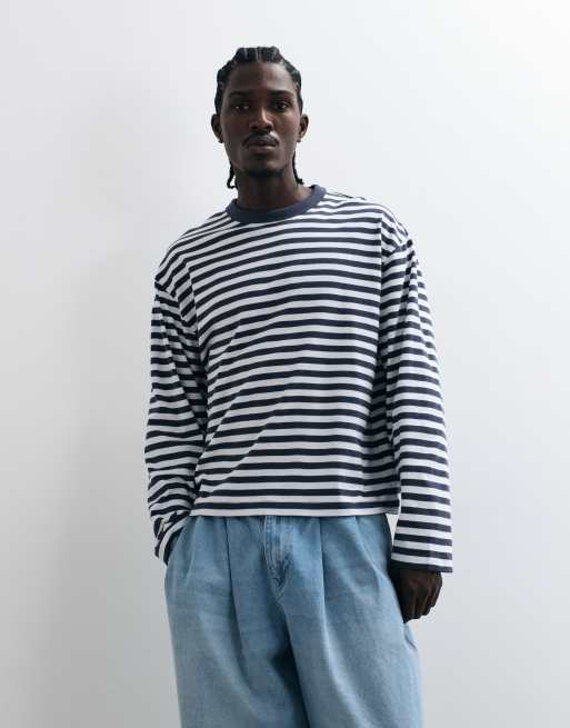 COLLUSION heavyweight long sleeve striped boxy t-shirt in blue and brown, 4 of 5