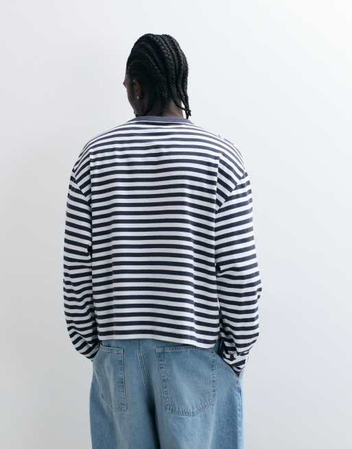 COLLUSION heavyweight long sleeve striped boxy t-shirt in blue and brown, 5 of 5