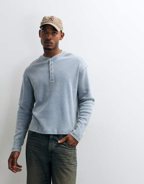COLLUSION heavyweight long sleeve waffle textured henley in charcoal wash - view 1