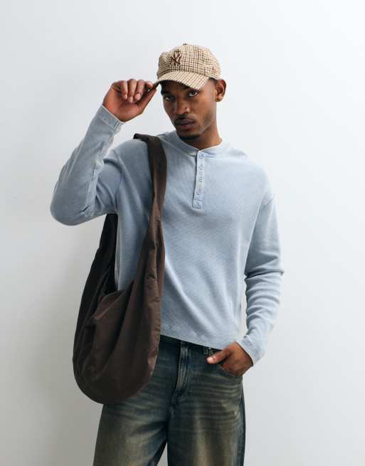 COLLUSION heavyweight long sleeve waffle textured henley in charcoal wash, 4 of 5