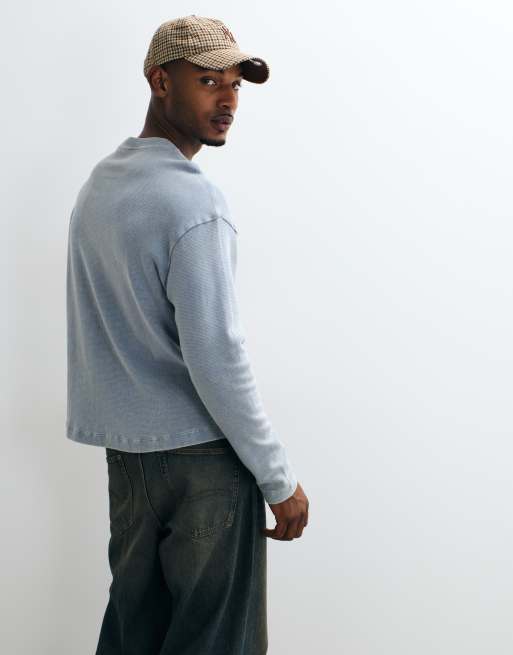 COLLUSION heavyweight long sleeve waffle textured henley in charcoal wash, 5 of 5