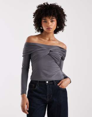 Collusion Heavyweight Soft Touch Off-shoulder Twist Top In Gray