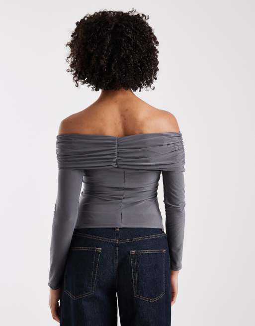 COLLUSION heavyweight soft touch off-shoulder twist top in charcoal, 2 of 4