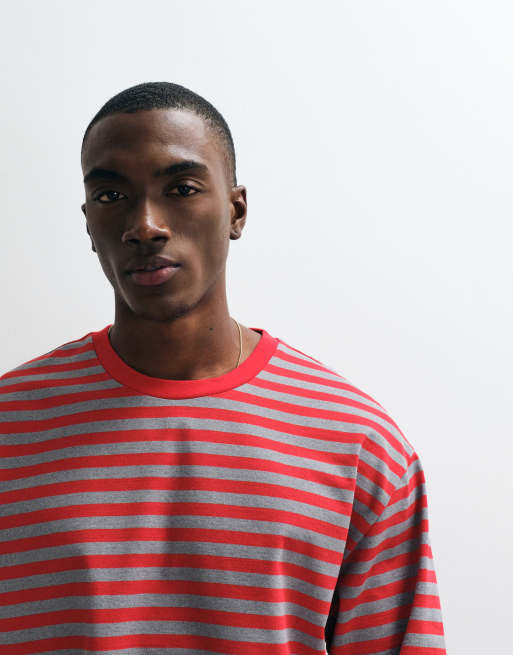 COLLUSION heavyweight stripe long sleeve boxy t-shirt in red & grey, 2 of 5