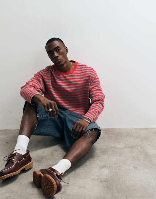 COLLUSION heavyweight stripe long sleeve boxy t-shirt in red & grey, 4 of 5