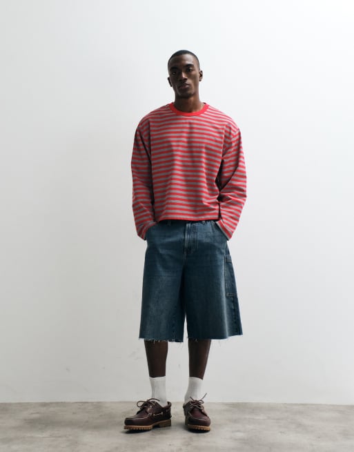 COLLUSION heavyweight stripe long sleeve boxy t-shirt in red & grey, 5 of 5