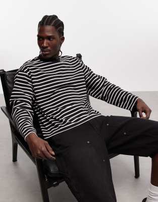 Collusion Heavyweight Striped Long Sleeve Boxy T-shirt In Black