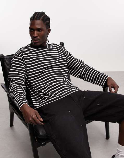 COLLUSION heavyweight striped long sleeve boxy T-shirt in black & white - view 1