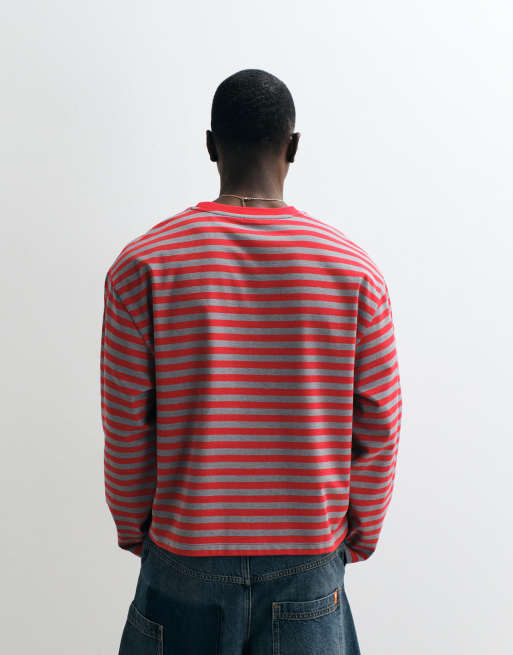 COLLUSION heavyweight striped long sleeve boxy T-shirt in red & gray, 3 of 5