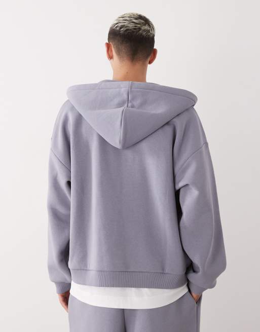 COLLUSION Heavyweight zip through boxy hoodie in slate blue, 3 of 5
