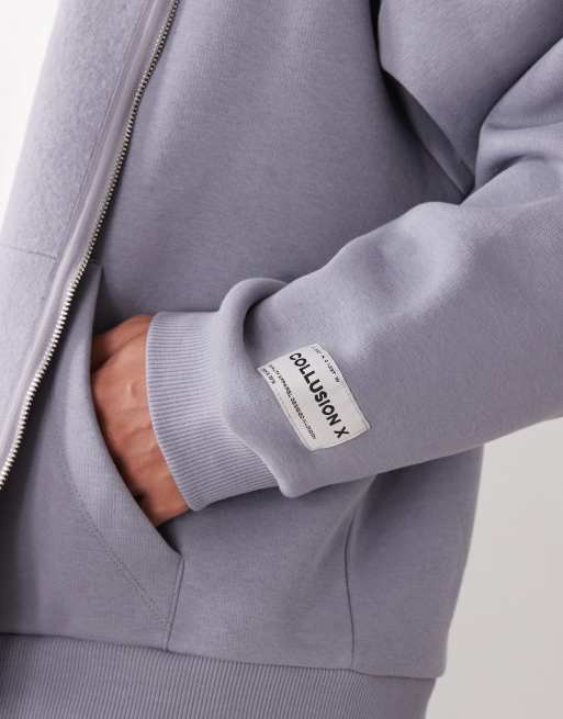 COLLUSION Heavyweight zip through boxy hoodie in slate blue, 5 of 5