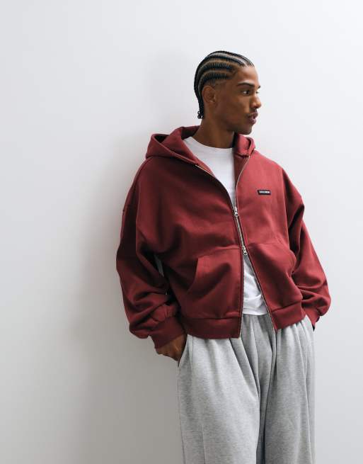 COLLUSION heavyweight zip through oversized hoodie in burgundy, 3 of 5
