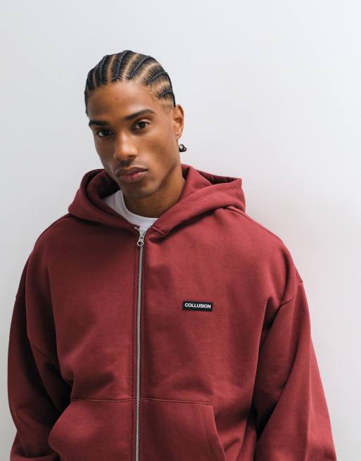 COLLUSION heavyweight zip through oversized hoodie in burgundy, 4 of 5