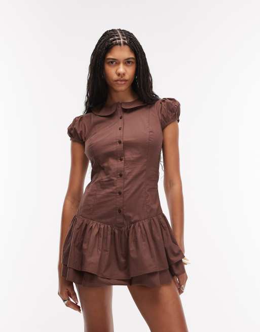 COLLUSION – Hemdkleid in Braun mit kurzem Rüschenrock, 2 von 4