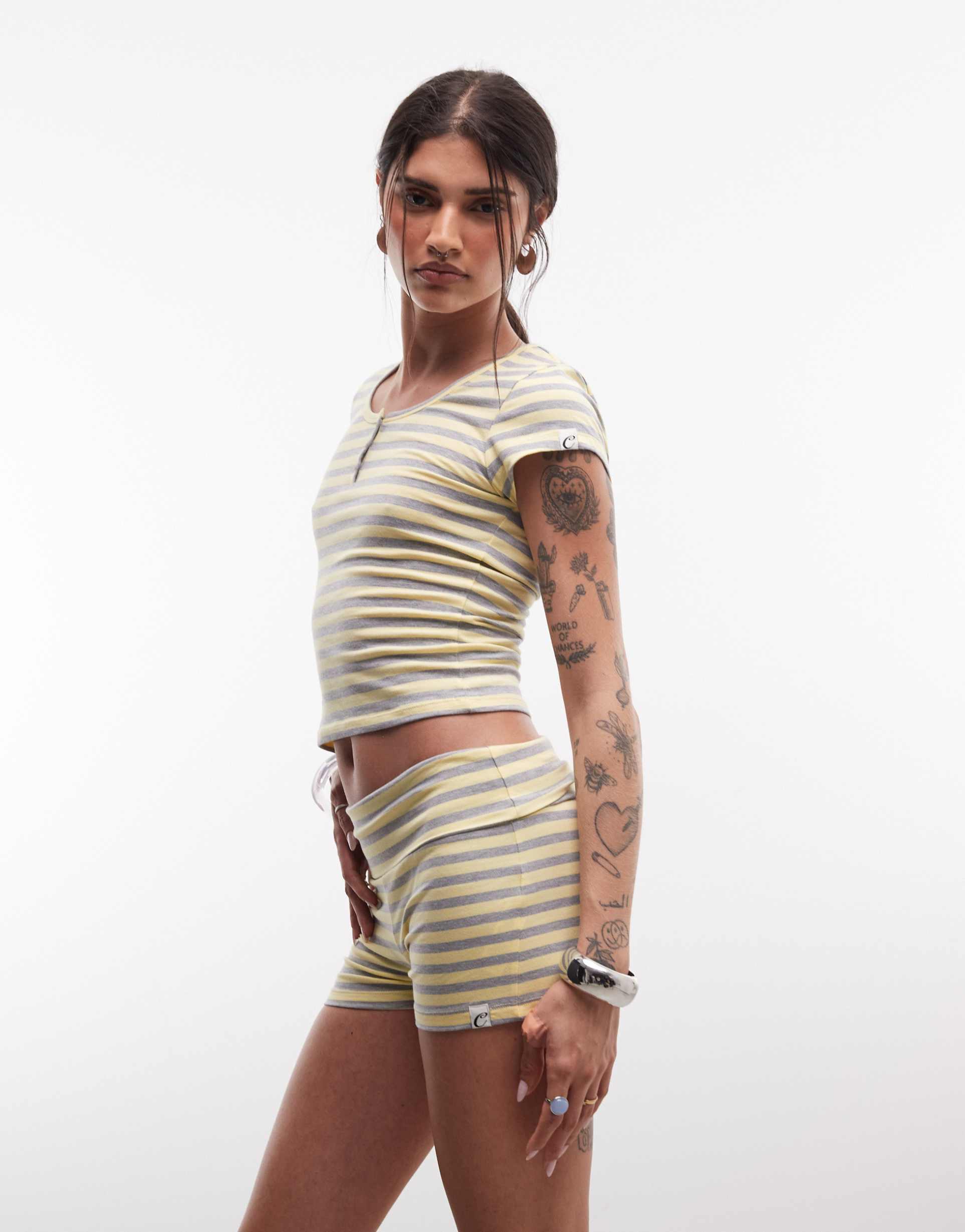 collusion henley baby tee in yellow stripes - part of a set