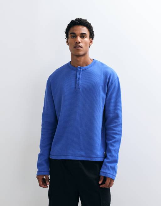COLLUSION henley de manga larga abotonada en azul, 3 de 10