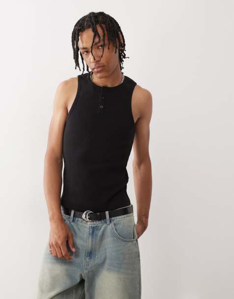 COLLUSION Henley muscle singlet in black - view 1