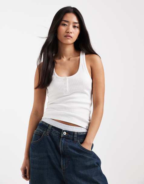 COLLUSION henley rib vest in white