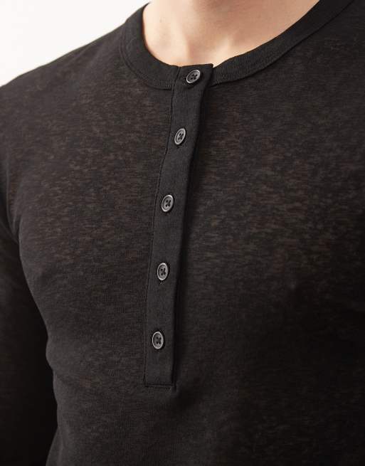 COLLUSION - Henley T-shirt van mesh met lange mouwen en knopen in zwart, 5 van 5