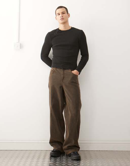COLLUSION - Henley top met lange mouwen en asymmetrische knopen in zwart, 2 van 5