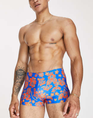 COLLUSION hibiscus floral print swim brief in blue