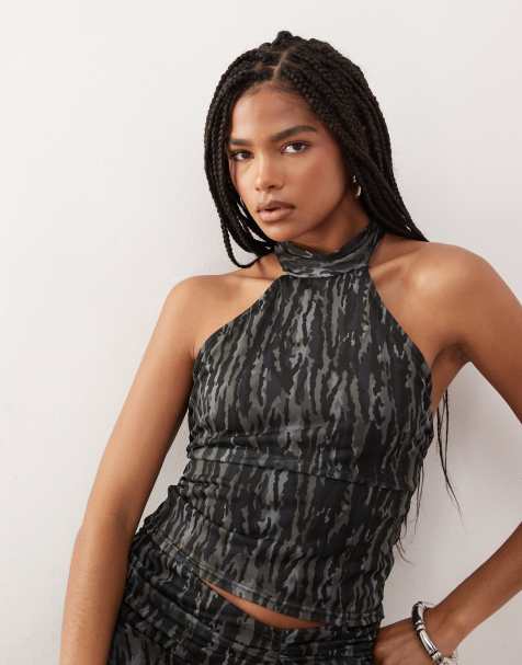 COLLUSION high halter neck top in camo co-ord - view 1