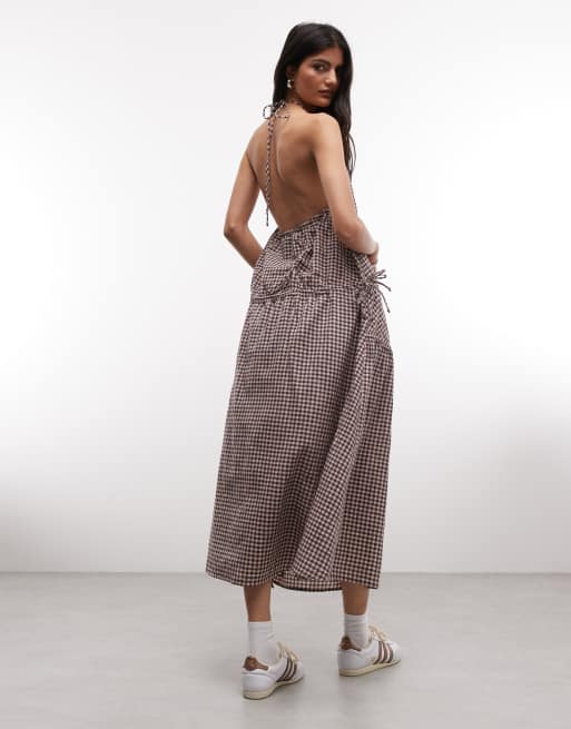 COLLUSION high neck channel detail midi dress in pink check, 3 of 4