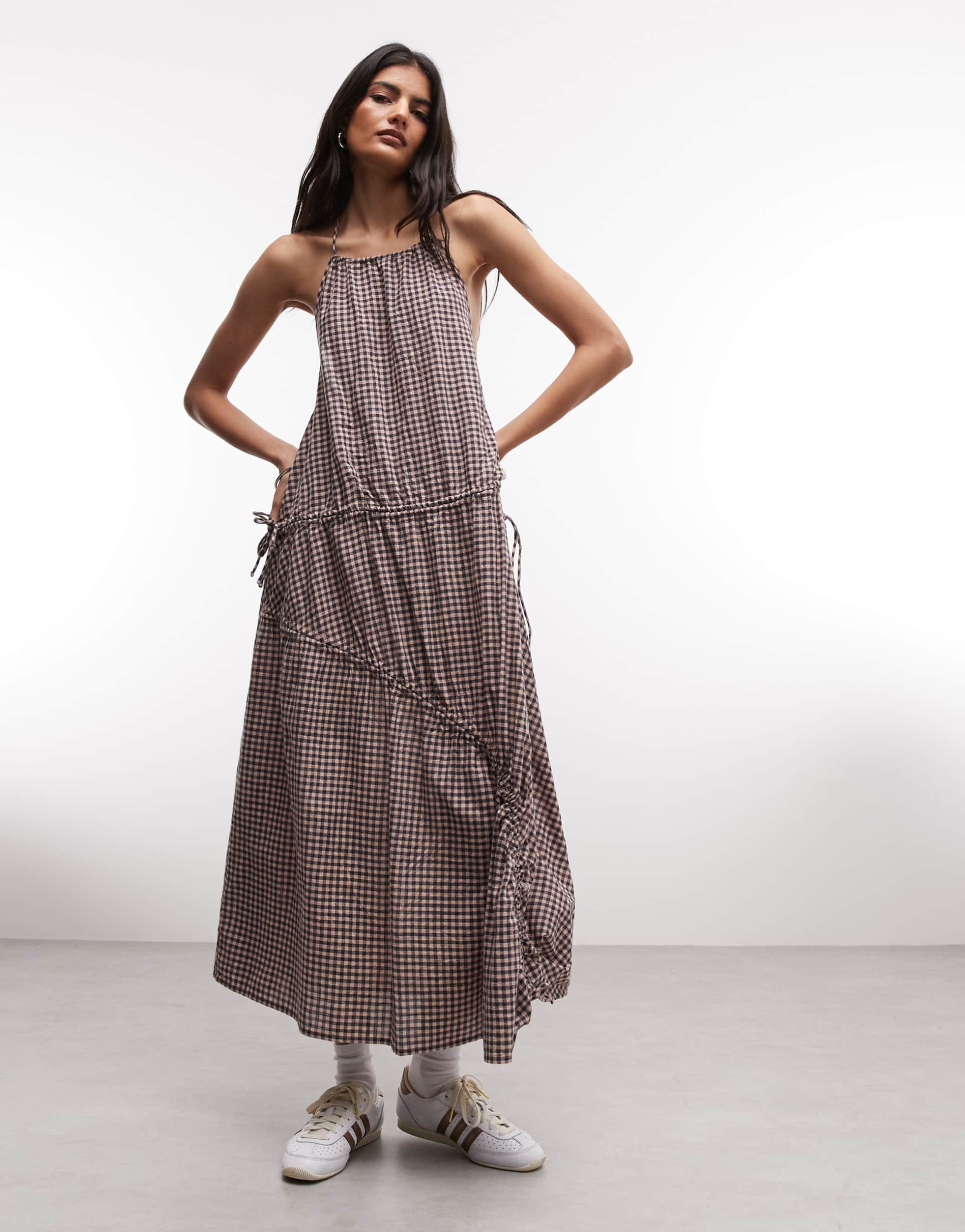 collusion high neck channel detailing midi dress in pink gingham