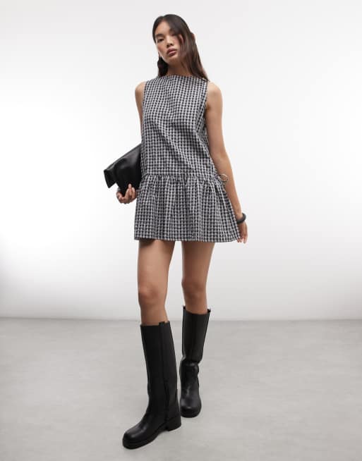 COLLUSION high neck puffball mini dress in grey check, 2 of 4