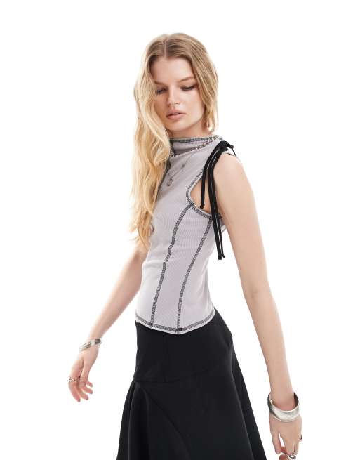 COLLUSION high neck ribbed tank top with bunny tie shoulder in gray