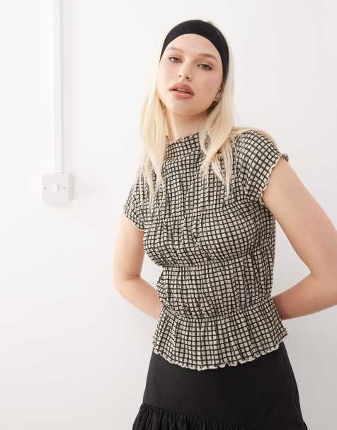 COLLUSION high neck shirred top in micro check - view 1