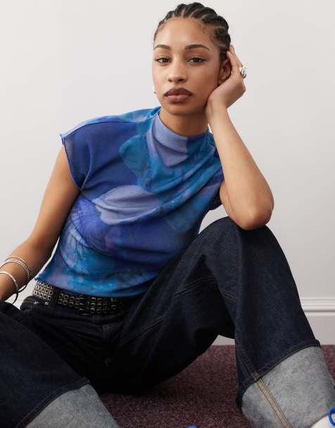 COLLUSION high neck slinky cap sleeve top with iris print - view 1