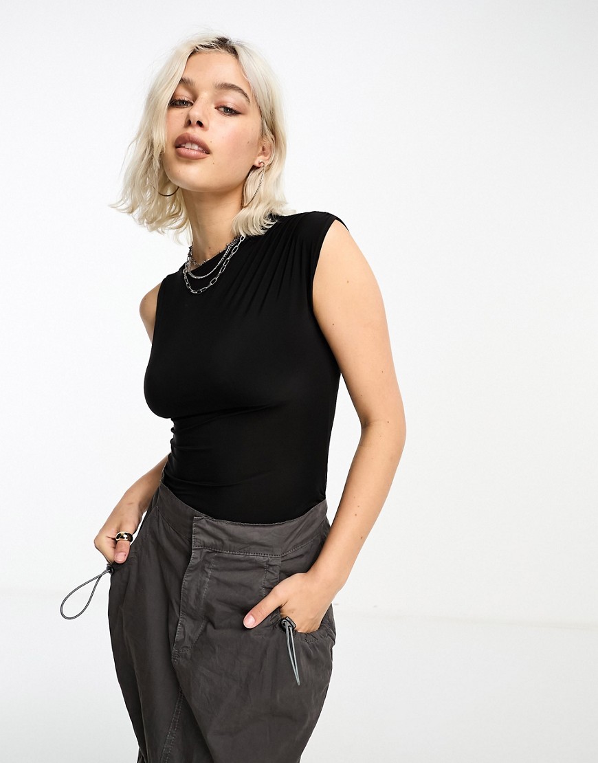 COLLUSION high neck slinky draped top in black
