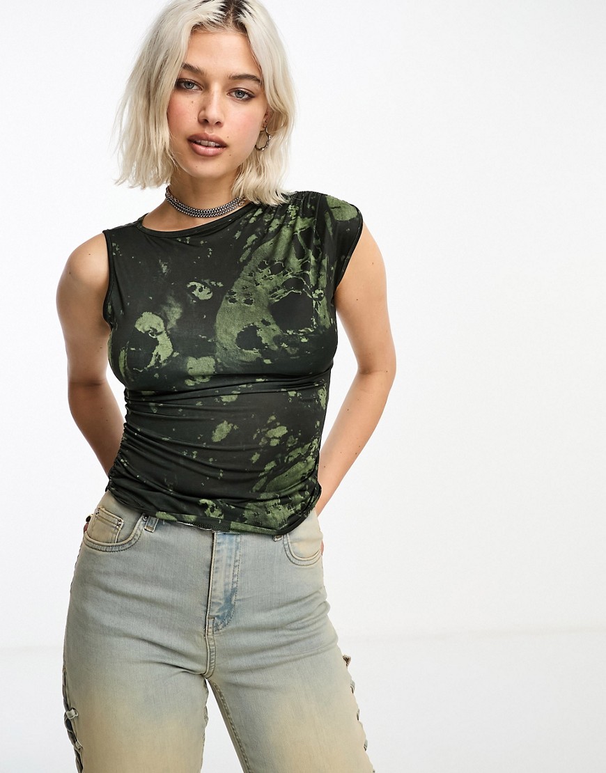 Collusion High Neck Slinky Printed Draped Top In Green