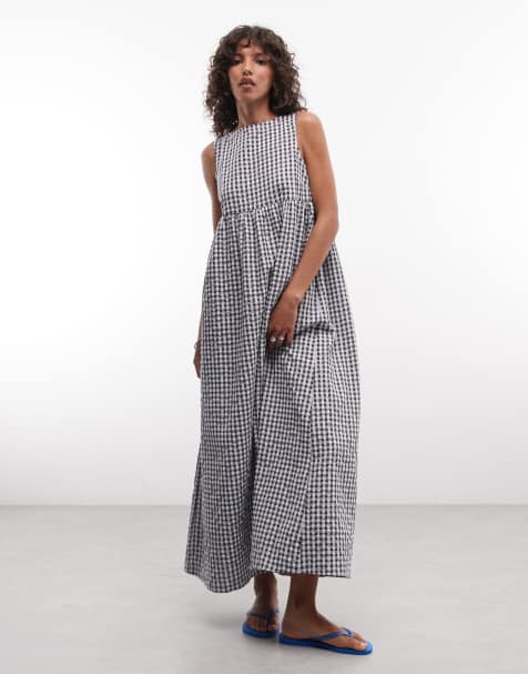 COLLUSION high neck smock dress in blue gingham