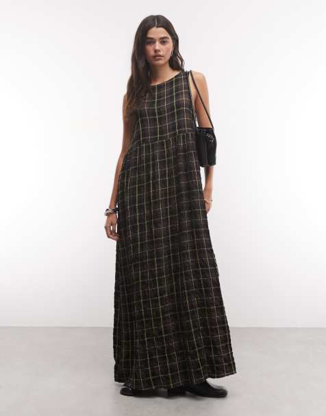 COLLUSION high neck smock dress in brown check - view 1