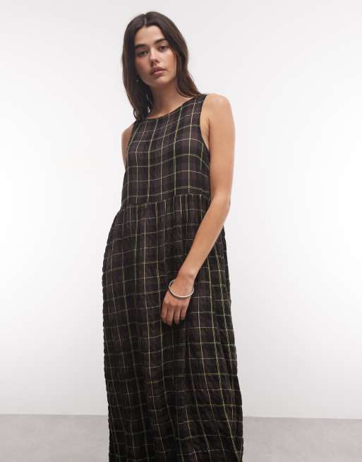 COLLUSION high neck smock dress in brown check, 3 of 4