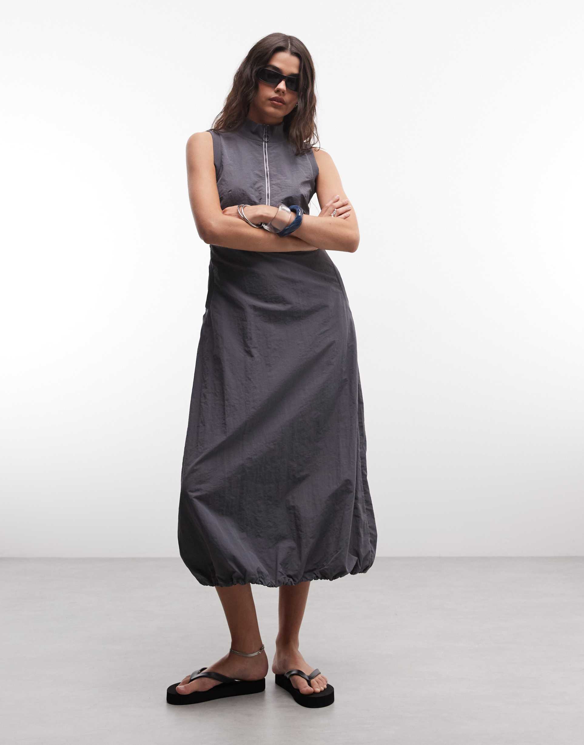 collusion high neck tech midi dress in gray