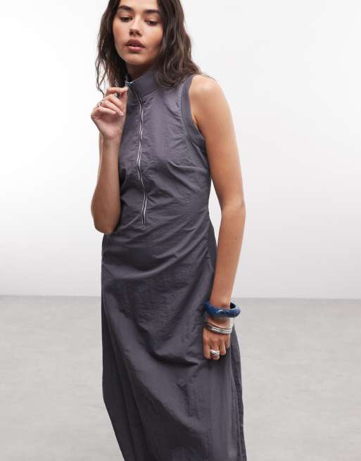 COLLUSION high neck tech midi dress in grey, 4 of 4