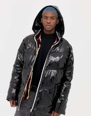 high shine puffer jacket with fur hood