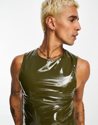 COLLUSION high shine muscle fit vest in khaki - ASOS Price Checker