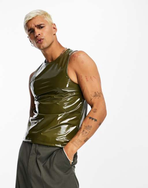 COLLUSION high shine muscle fit vest in khaki