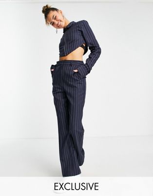 COLLUSION pinstripe straight leg tailored trousers co-ord with V waistband detail in navy