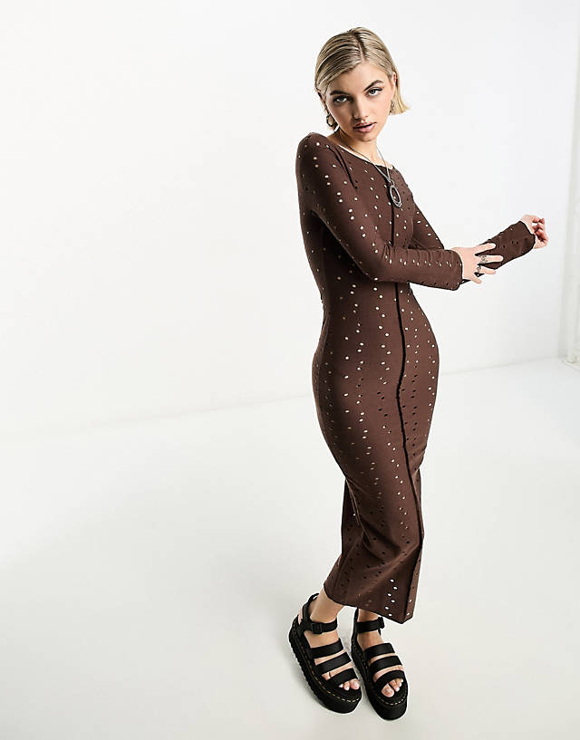 Collusion - hole detail long sleeve maxi dress in chocolate