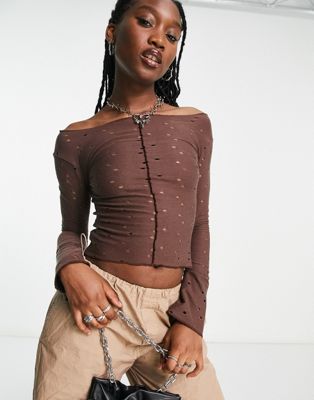 COLLUSION hole slash neck long sleeve top in chocolate