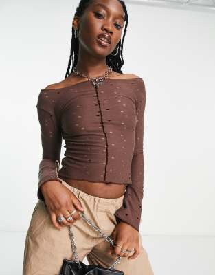 COLLUSION hole slash neck long sleeve top in chocolate