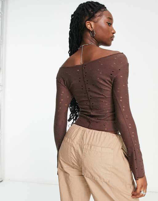 COLLUSION hole slash neck long sleeve top in chocolate