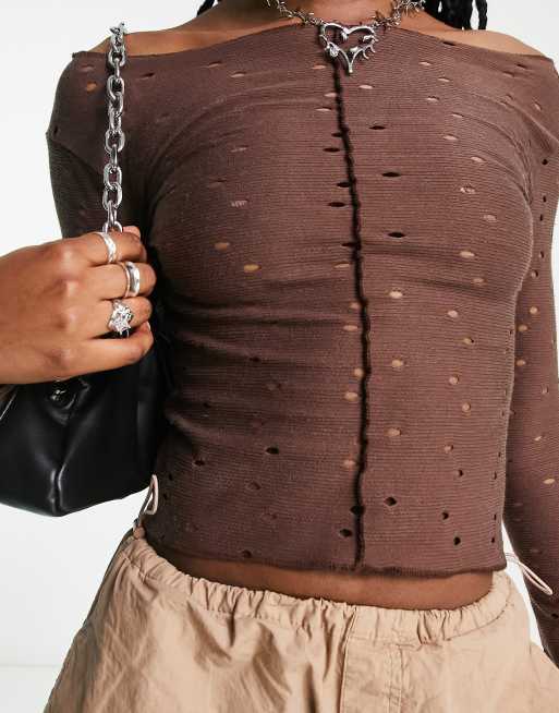 COLLUSION hole slash neck long sleeve top in chocolate