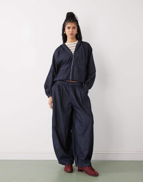 COLLUSION hooded denim track jacket and XL balloon jeans co ord in rinse wash - view 1