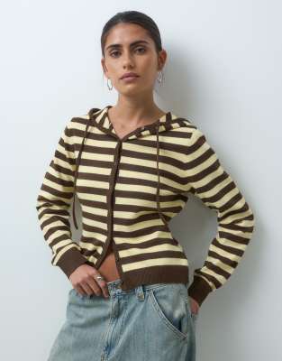 Collusion Hooded Knitted Cardigan In Brown